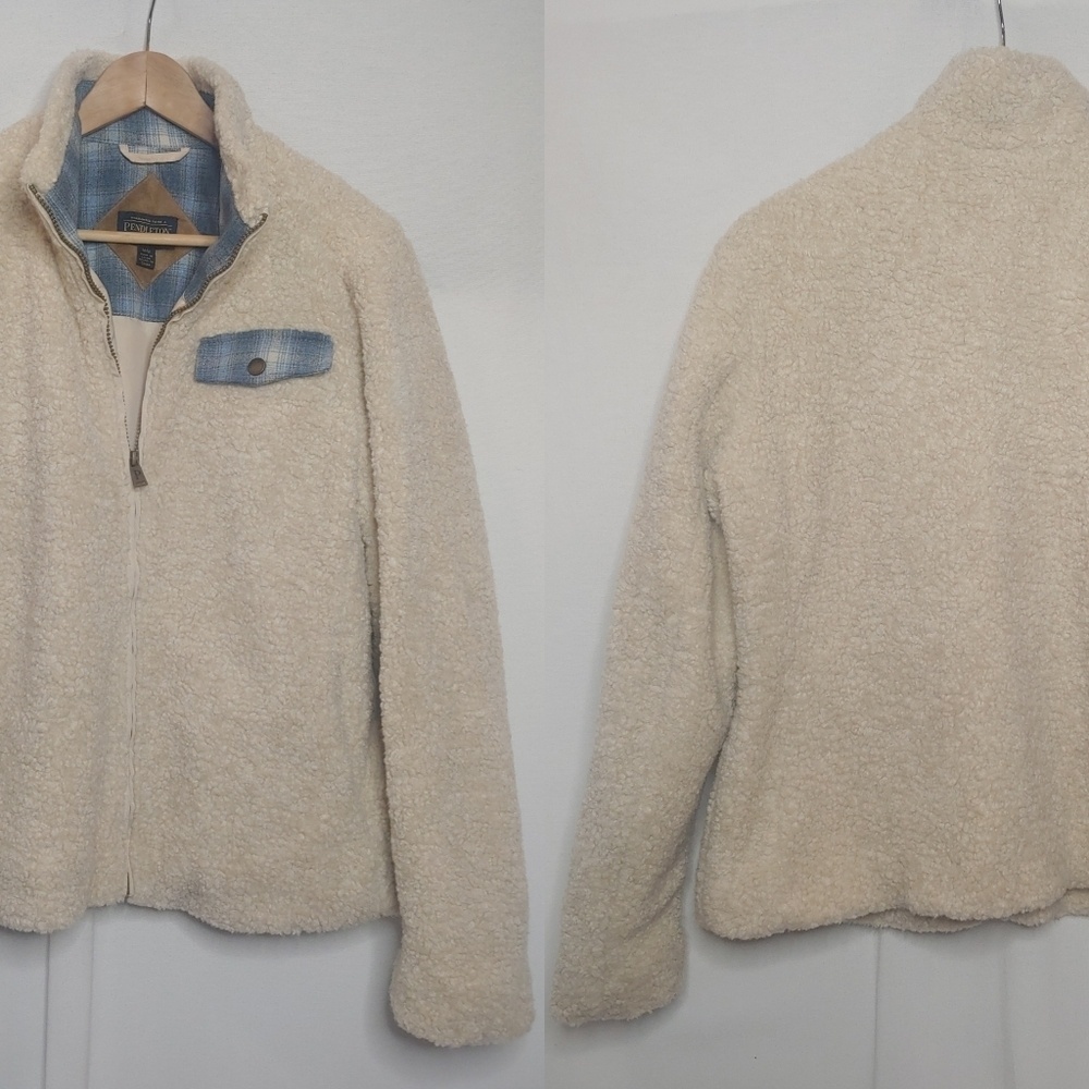 Pendleton Faux Sherpa Teddy Fleece Fuzzy Full Zip Jacket Cream Blue Plaid Medium